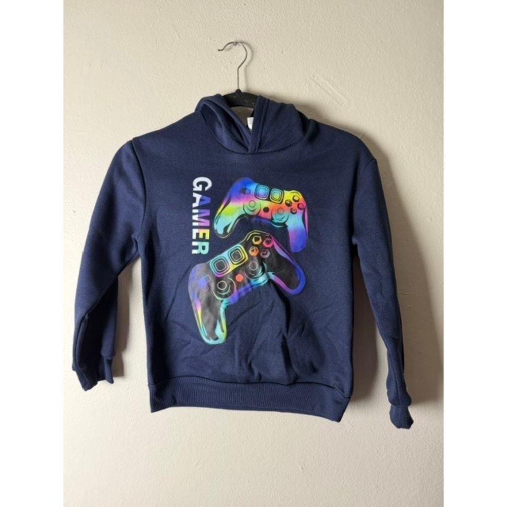 Navy Blue Gamer Holographic Controller Graphic Hoodie Kids Size 9Y